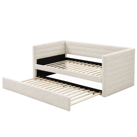 King Single Daybed with Trundle, Boucle Upholstered Bed Frame Guest Bed