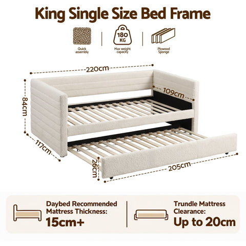 King Single Daybed with Trundle, Boucle Upholstered Bed Frame Guest Bed