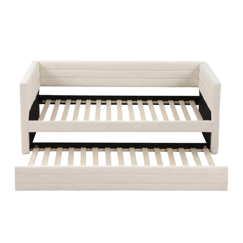King Single Daybed with Trundle, Boucle Upholstered Bed Frame Guest Bed