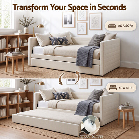 King Single Daybed with Trundle, Boucle Upholstered Bed Frame Guest Bed
