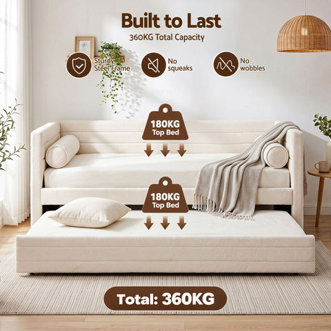 King Single Daybed with Trundle, Boucle Upholstered Bed Frame Guest Bed