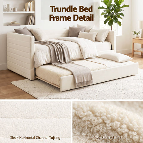 King Single Daybed with Trundle, Boucle Upholstered Bed Frame Guest Bed