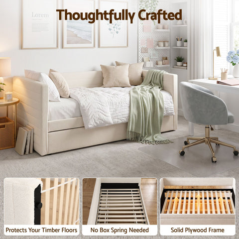 King Single Daybed with Trundle, Boucle Upholstered Bed Frame Guest Bed