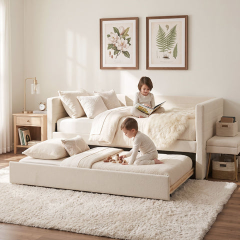 King Single Daybed with Trundle, Boucle Upholstered Bed Frame Guest Bed