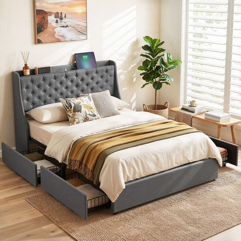 Double Bed Frame with 4 Storage Drawers and Charging Station Tufted Wingback Headboard 300kg Loads Charcoal Grey