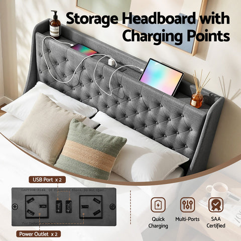 Double Bed Frame with 4 Storage Drawers and Charging Station Tufted Wingback Headboard 300kg Loads Charcoal Grey
