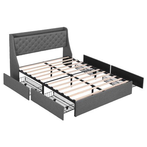 Double Bed Frame with 4 Storage Drawers and Charging Station Tufted Wingback Headboard 300kg Loads Charcoal Grey