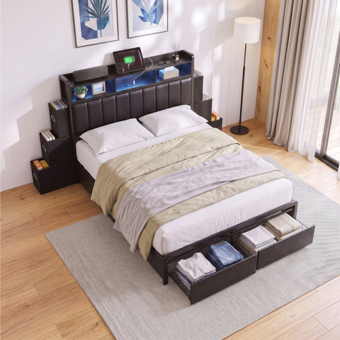 Double Bed Frame with Storage Headboard, 2 Drawers, Charging Station LED Light