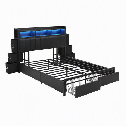 Double Bed Frame with Storage Headboard, 2 Drawers, Charging Station LED Light