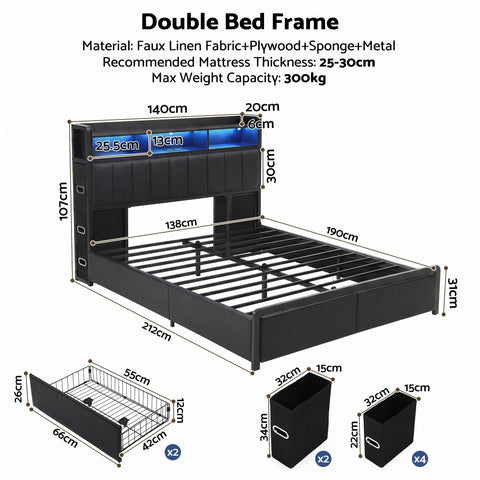 Double Bed Frame with Storage Headboard, 2 Drawers, Charging Station LED Light