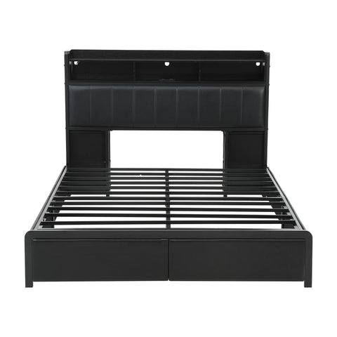 Double Bed Frame with Storage Headboard, 2 Drawers, Charging Station LED Light