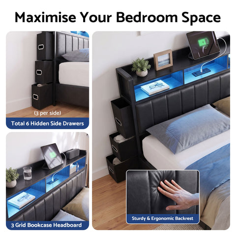Double Bed Frame with Storage Headboard, 2 Drawers, Charging Station LED Light