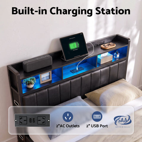 Double Bed Frame with Storage Headboard, 2 Drawers, Charging Station LED Light