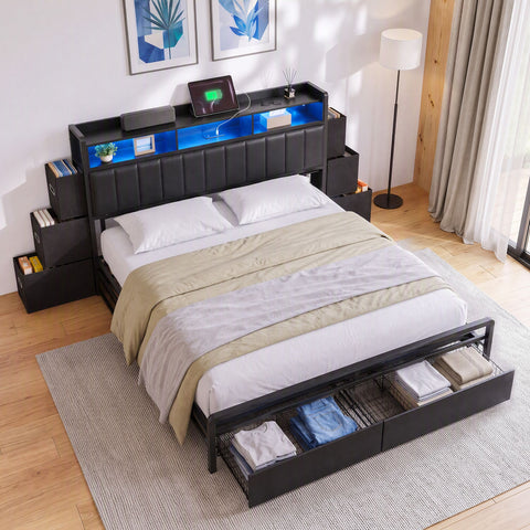 King Bed Frame with Storage Headboard, 2 Drawers, Charging Station & LED Light