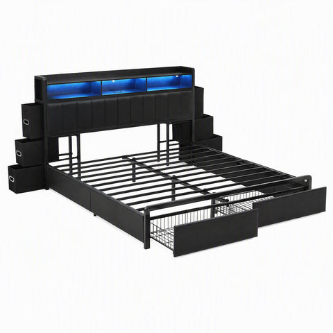 King Bed Frame with Storage Headboard, 2 Drawers, Charging Station & LED Light