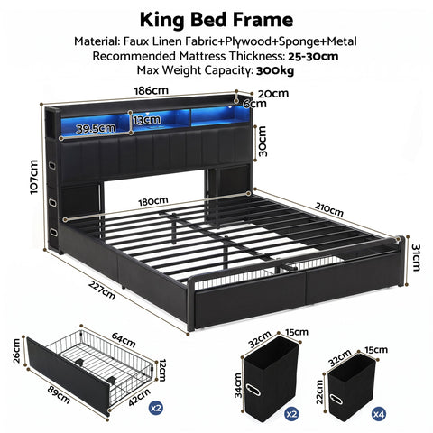 King Bed Frame with Storage Headboard, 2 Drawers, Charging Station & LED Light