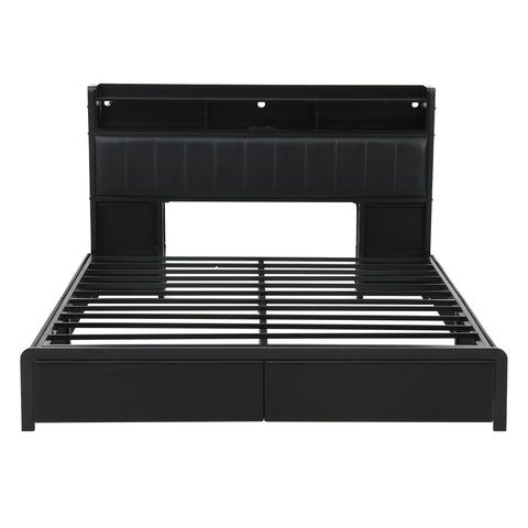 King Bed Frame with Storage Headboard, 2 Drawers, Charging Station & LED Light