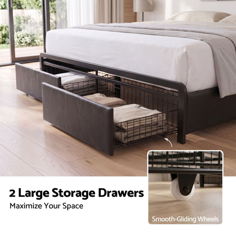 King Bed Frame with Storage Headboard, 2 Drawers, Charging Station & LED Light