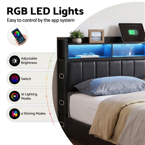 King Bed Frame with Storage Headboard, 2 Drawers, Charging Station & LED Light