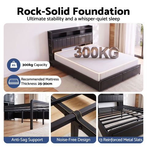 King Bed Frame with Storage Headboard, 2 Drawers, Charging Station & LED Light