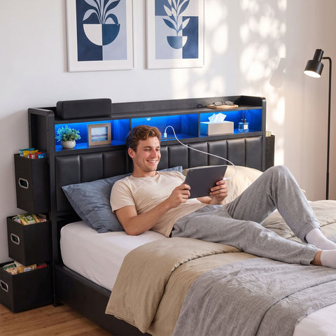 King Bed Frame with Storage Headboard, 2 Drawers, Charging Station & LED Light