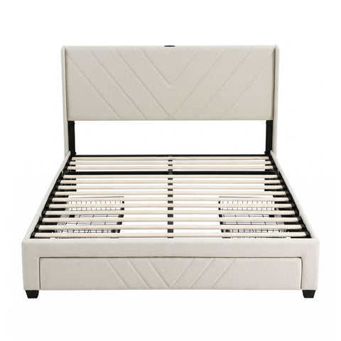 Double Bed Frame with Charging Station and Storage Drawers Beige 300KG Noise Free
