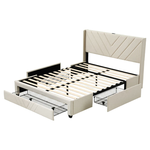 Queen Bed Frame with Charging Station and Storage Drawers Beige 300KG Noise Free
