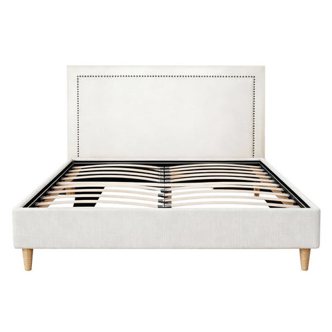 Queen Bed Frame Platform Bed Base Upholstered Headboard Linen Fabric Beige
