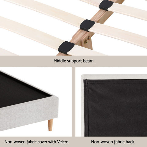 Queen Bed Frame Platform Bed Base Upholstered Headboard Linen Fabric Beige