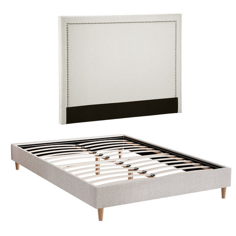 Queen Bed Frame Platform Bed Base Upholstered Headboard Linen Fabric Beige