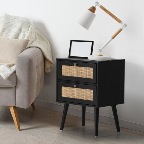 Bedside Table 2 Drawers Storage Cabinet Rattan