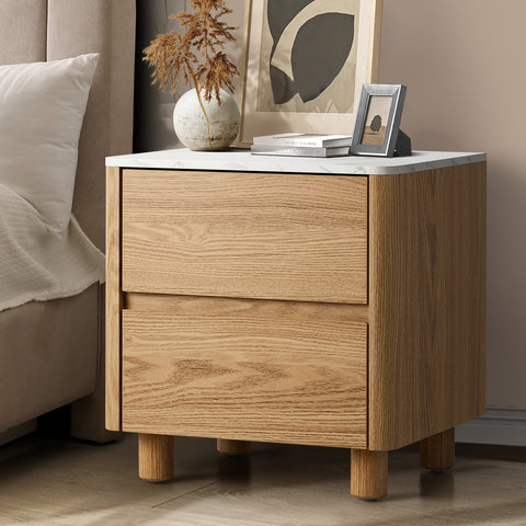 Bedside Table 2 Drawers Nightstand Faux Marble Top Natural