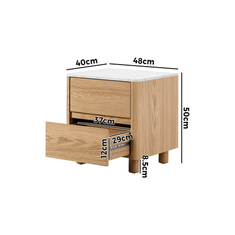 Bedside Table 2 Drawers Nightstand Faux Marble Top Natural