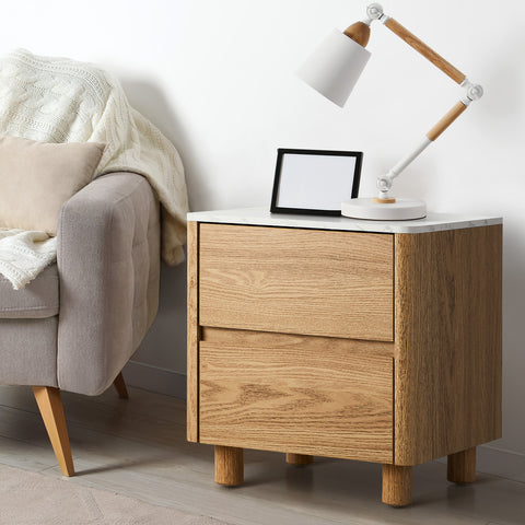 Bedside Table 2 Drawers Nightstand Faux Marble Top Natural
