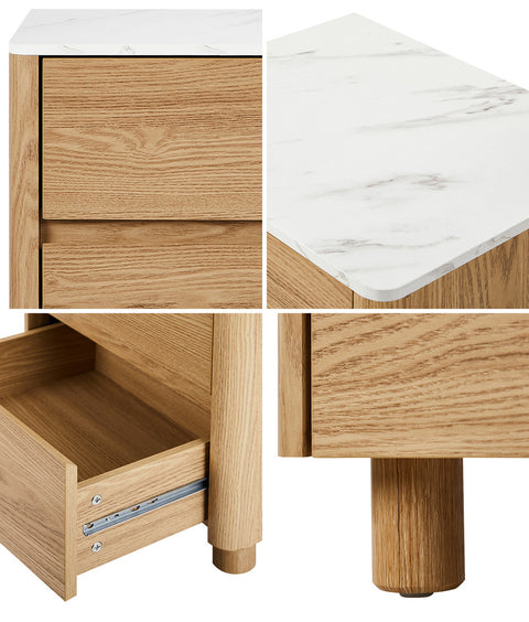 Bedside Table 2 Drawers Nightstand Faux Marble Top Natural
