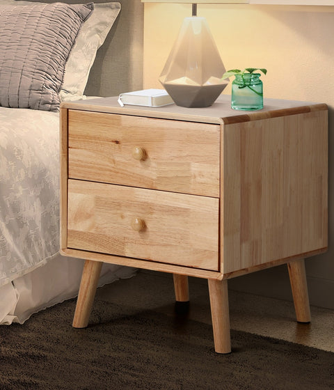 Set of 2 Bedside Tables 2 Drawers Side Tables Rubber Wood