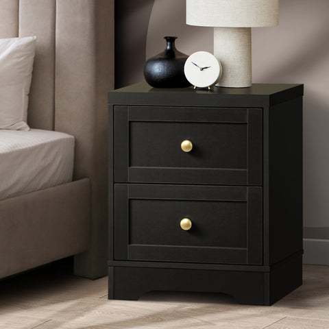 Bedside Table with Alloy Handles 2 Drawers Black