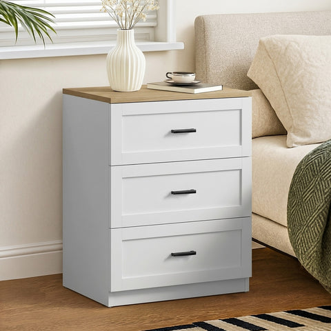 Bedside Table 3 Drawers Nightstand Natural & White