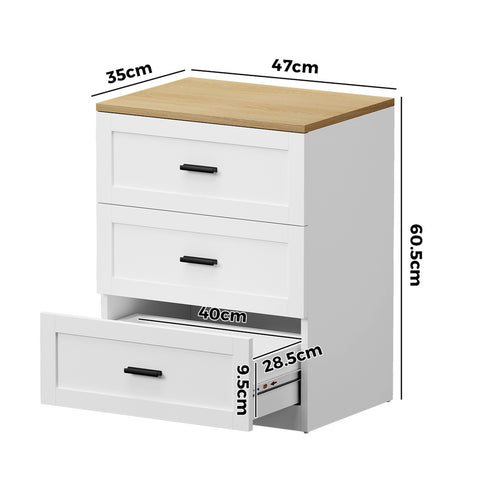 Bedside Table 3 Drawers Nightstand Natural & White