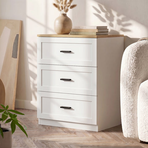 Bedside Table 3 Drawers Nightstand Natural & White