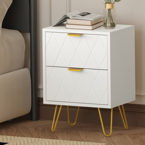 Bedside Table 2 Drawers Gold Metal Nightstand White