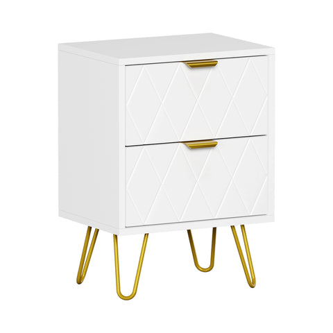 Bedside Table 2 Drawers Gold Metal Nightstand White