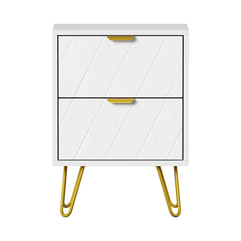 Bedside Table 2 Drawers Gold Metal Nightstand White