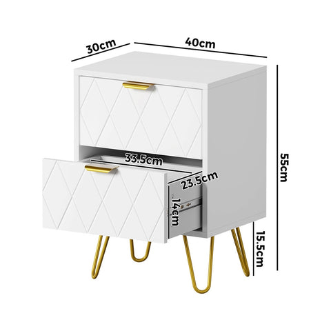 Bedside Table 2 Drawers Gold Metal Nightstand White