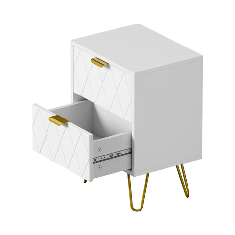 Bedside Table 2 Drawers Gold Metal Nightstand White