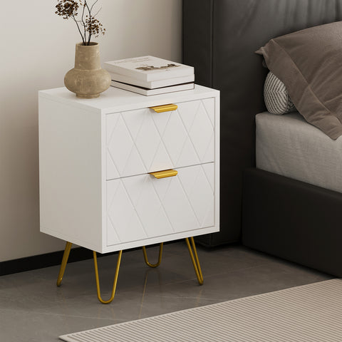 Bedside Table 2 Drawers Gold Metal Nightstand White