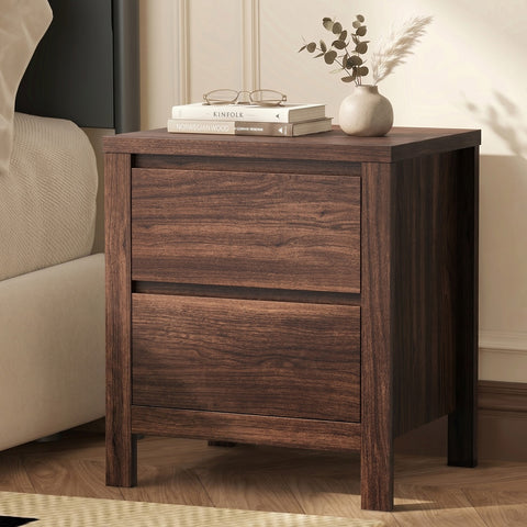 Bedside Table 2 Drawers Nightstand Handle-Free Walnut