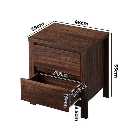 Bedside Table 2 Drawers Nightstand Handle-Free Walnut
