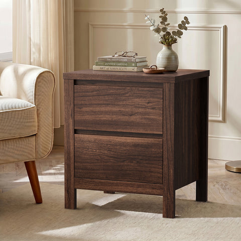 Bedside Table 2 Drawers Nightstand Handle-Free Walnut