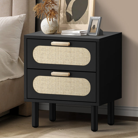 Bedside Table 2 Drawers Rattan Black
